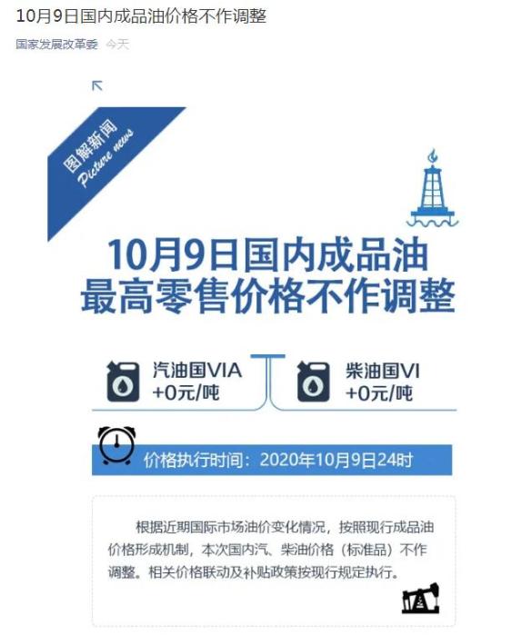 国家发改委：10月9日国内成品油价格不作调整